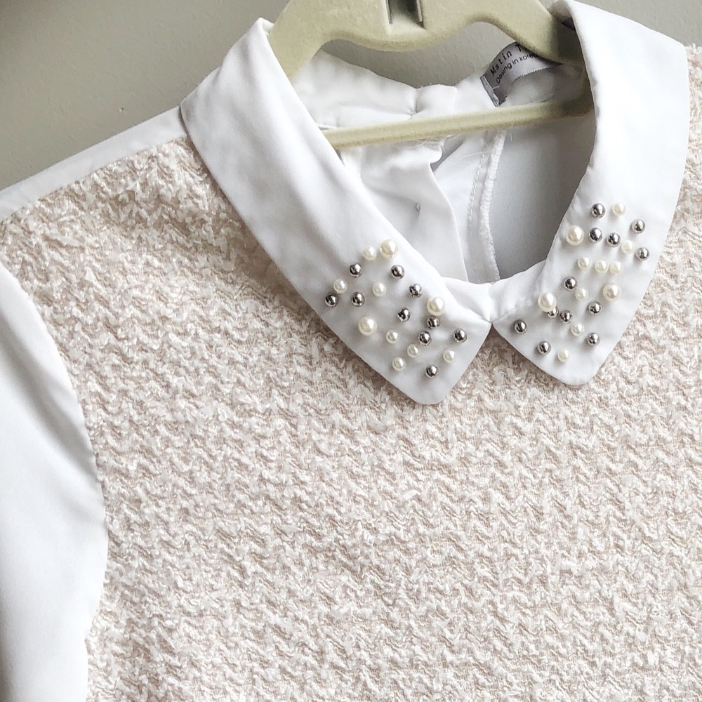 Pearl Collar Cream Tweed-like High Low Hem Blouse
